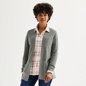 New Women's Croft & Barrow® Classic Ribbed Open-Front Cardigan Grey Size L